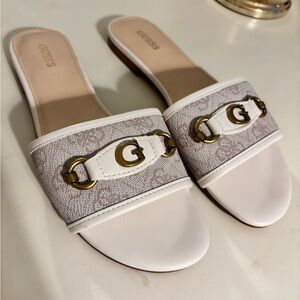 GUESS White and Beige Logo Slide Sandals with Gold Hardware